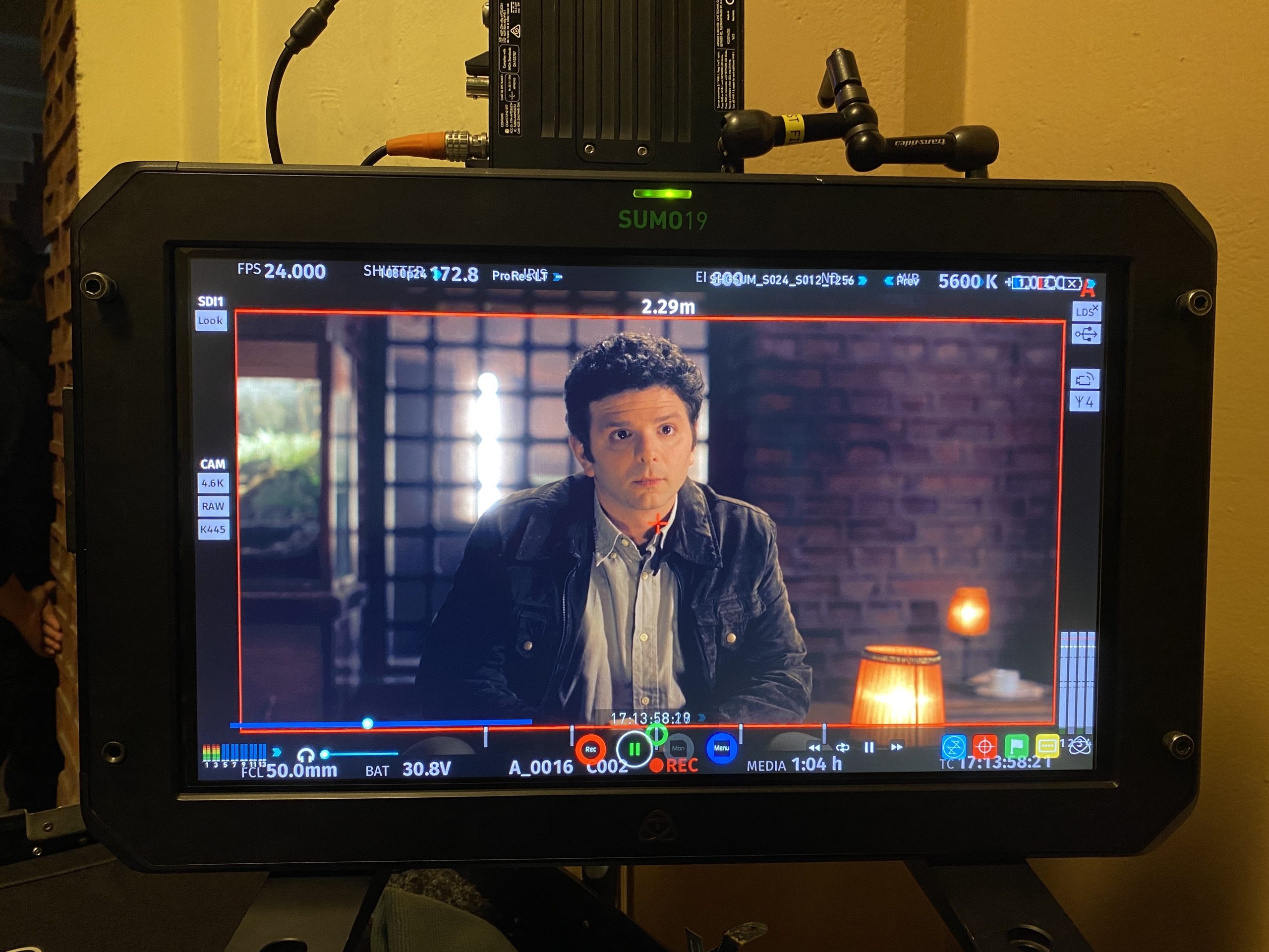 A production camera monitor on the set of Adventures Italian Style Reloaded
