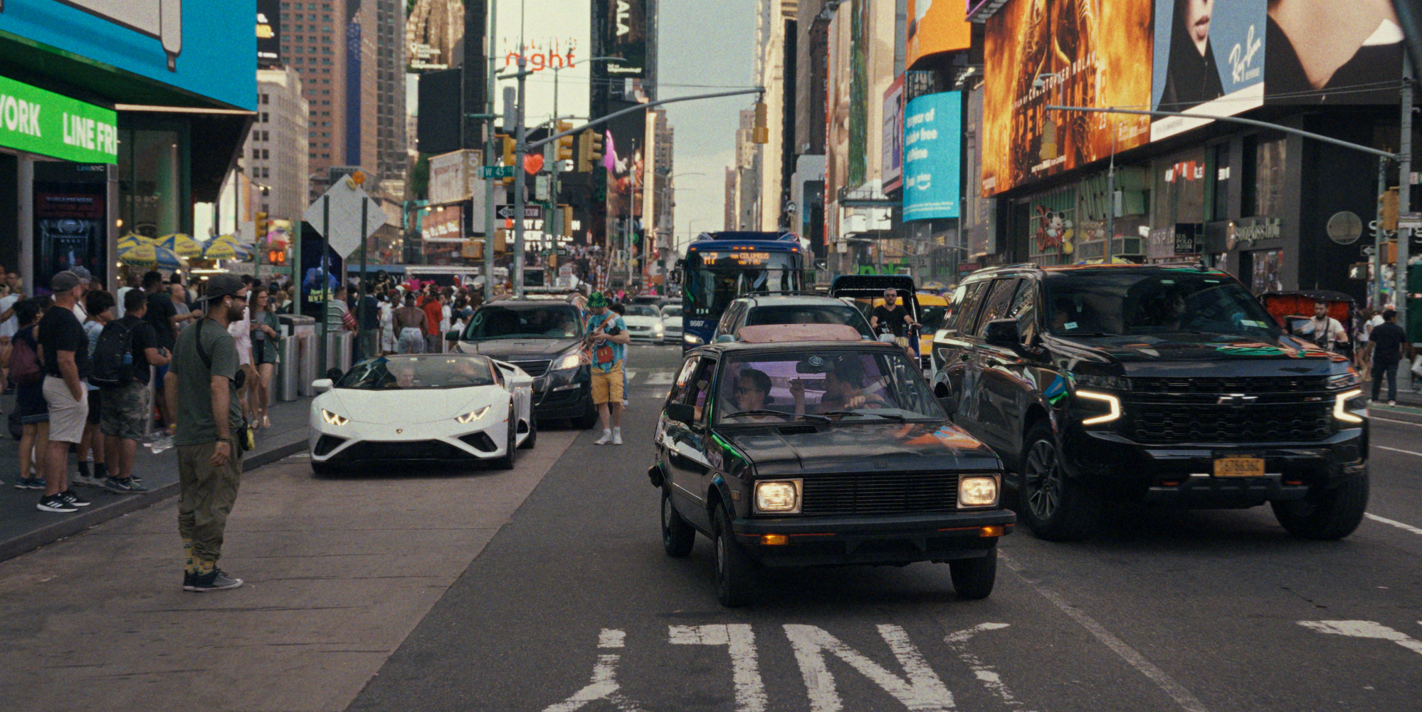 A busy American street during the Yugo road trip