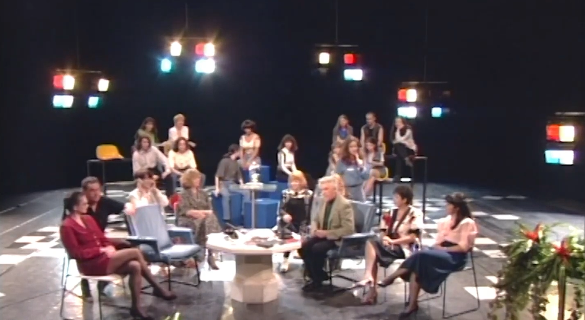 Performers on stage in historic Romanian television footage